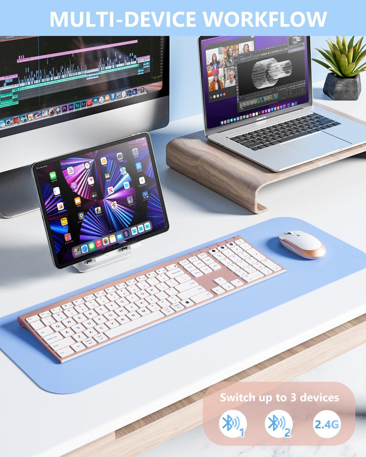 Bluetooth Keyboard Mouse, Multi-Device Wireless Keyboard and Mouse Combo, Dual-Mode(Bluetooth + Bluetooth + USB), Ultra Slim, Rechargeable, for Windows/Mac OS (Rose Gold)