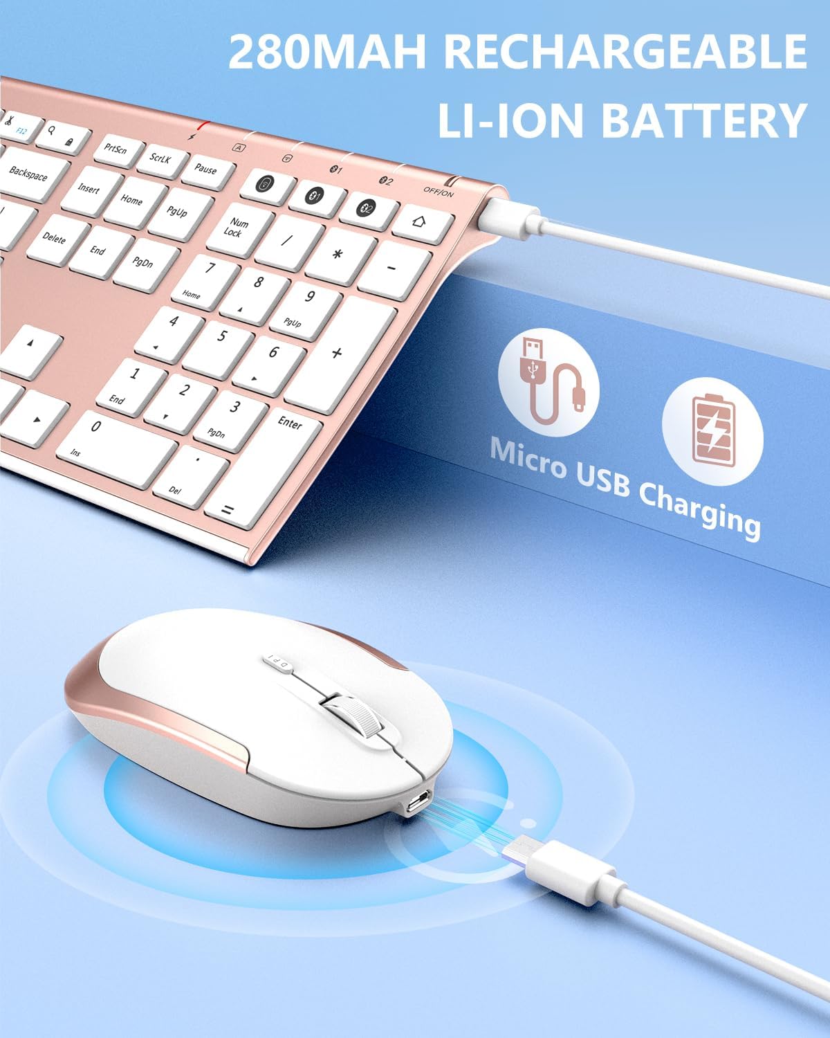 Bluetooth Keyboard Mouse, Multi-Device Wireless Keyboard and Mouse Combo, Dual-Mode(Bluetooth + Bluetooth + USB), Ultra Slim, Rechargeable, for Windows/Mac OS (Rose Gold)