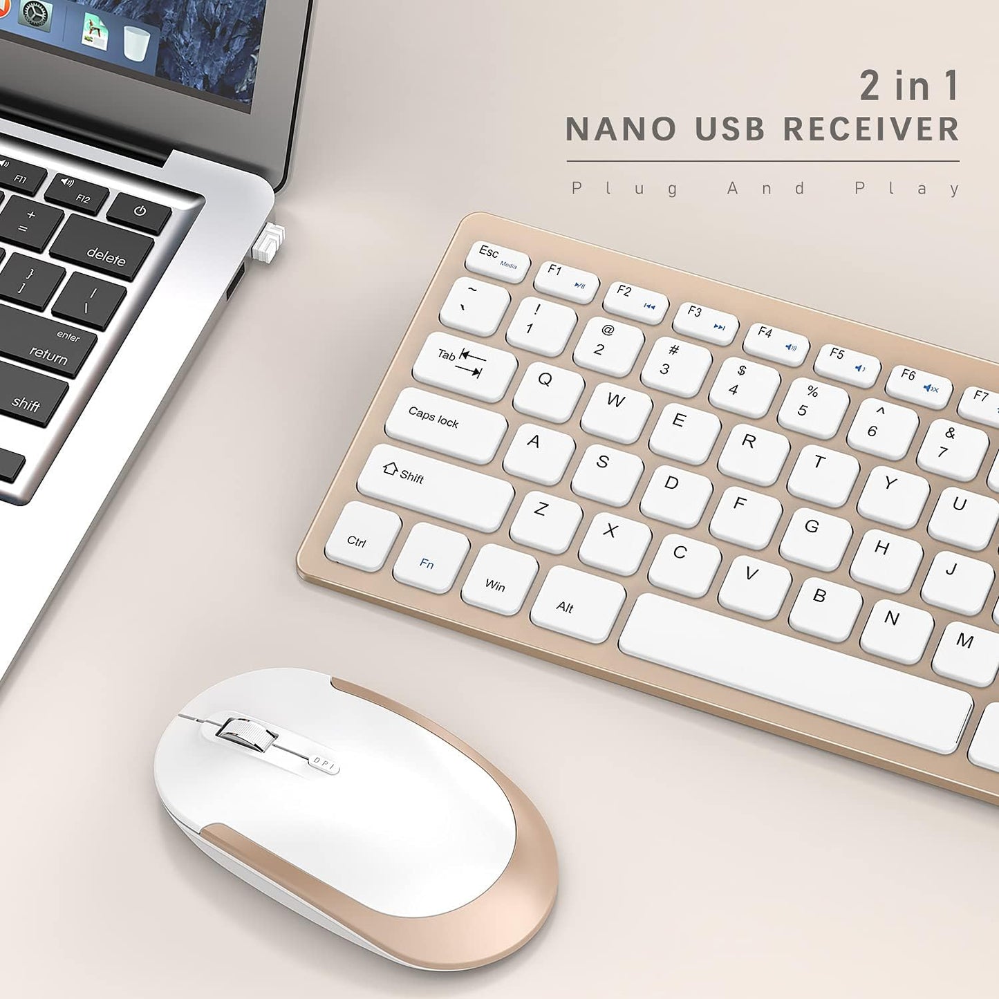 Compact Wireless Keyboard Mouse, 2.4GHz Ultra Thin Small Wireless Keyboard Mouse Combo for Desktop, Laptop (Gold)