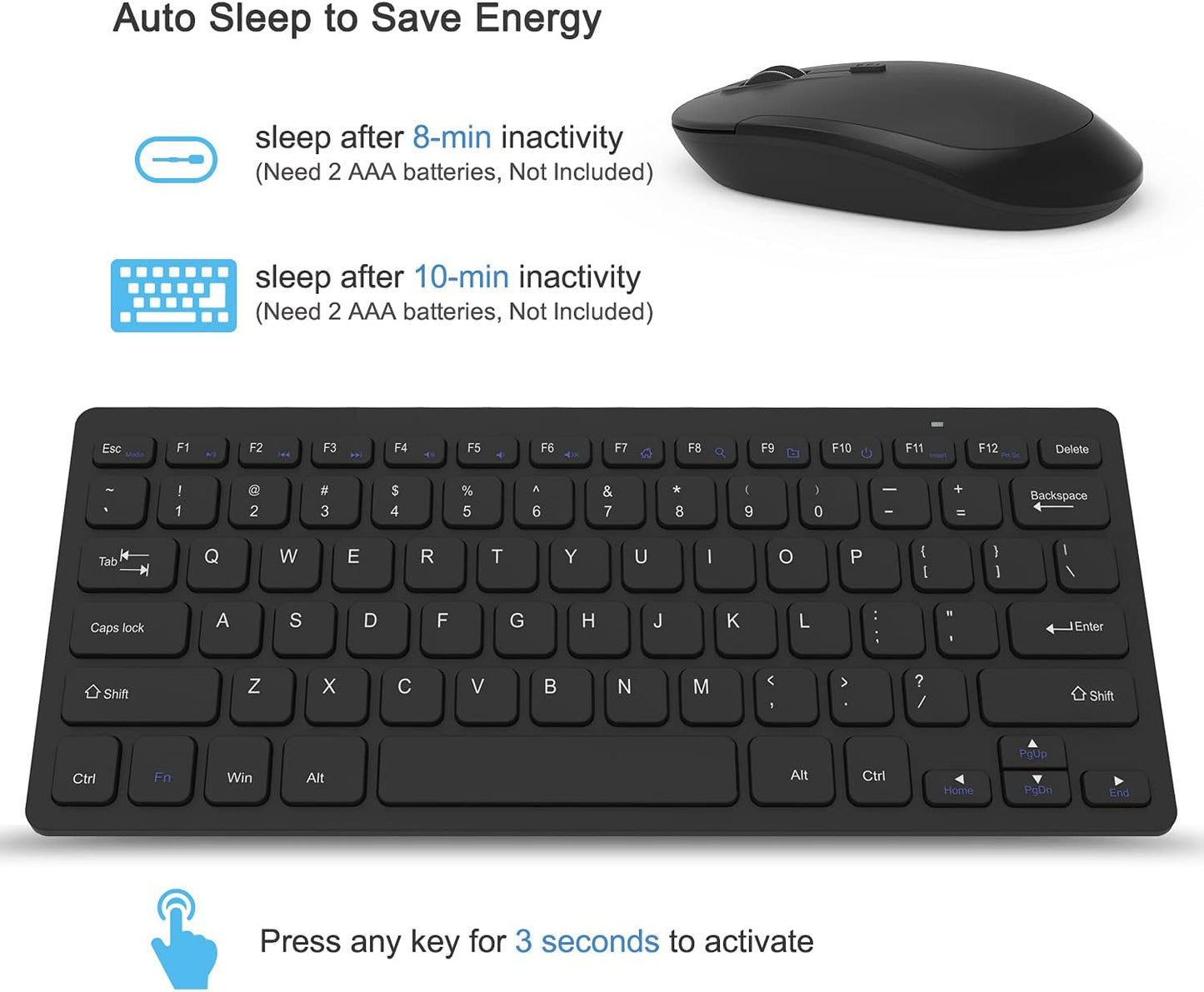 Compact Wireless Keyboard Mouse, 2.4GHz Ultra Thin Small Wireless Keyboard Mouse Combo for Desktop, Laptop (Black)