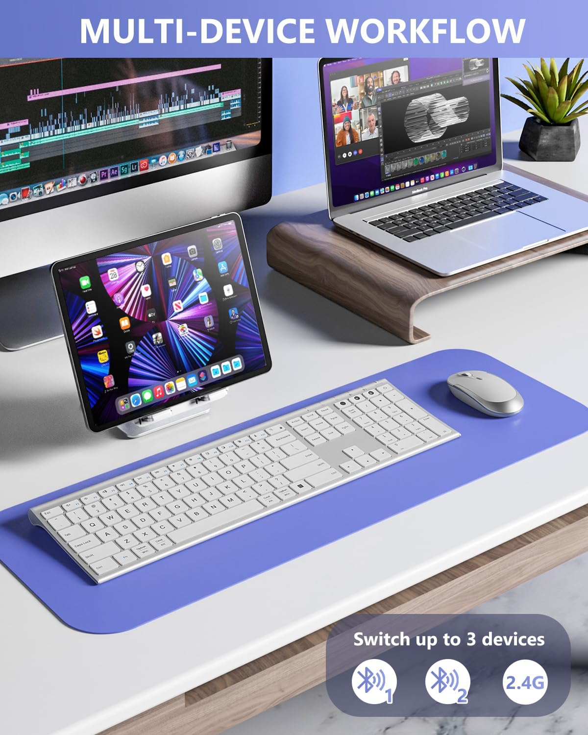 Bluetooth Keyboard Mouse, Multi-Device Wireless Keyboard and Mouse Combo, Dual-Mode(Bluetooth + USB), Ultra Slim, Rechargeable, for Windows/Mac OS (White and Silver)