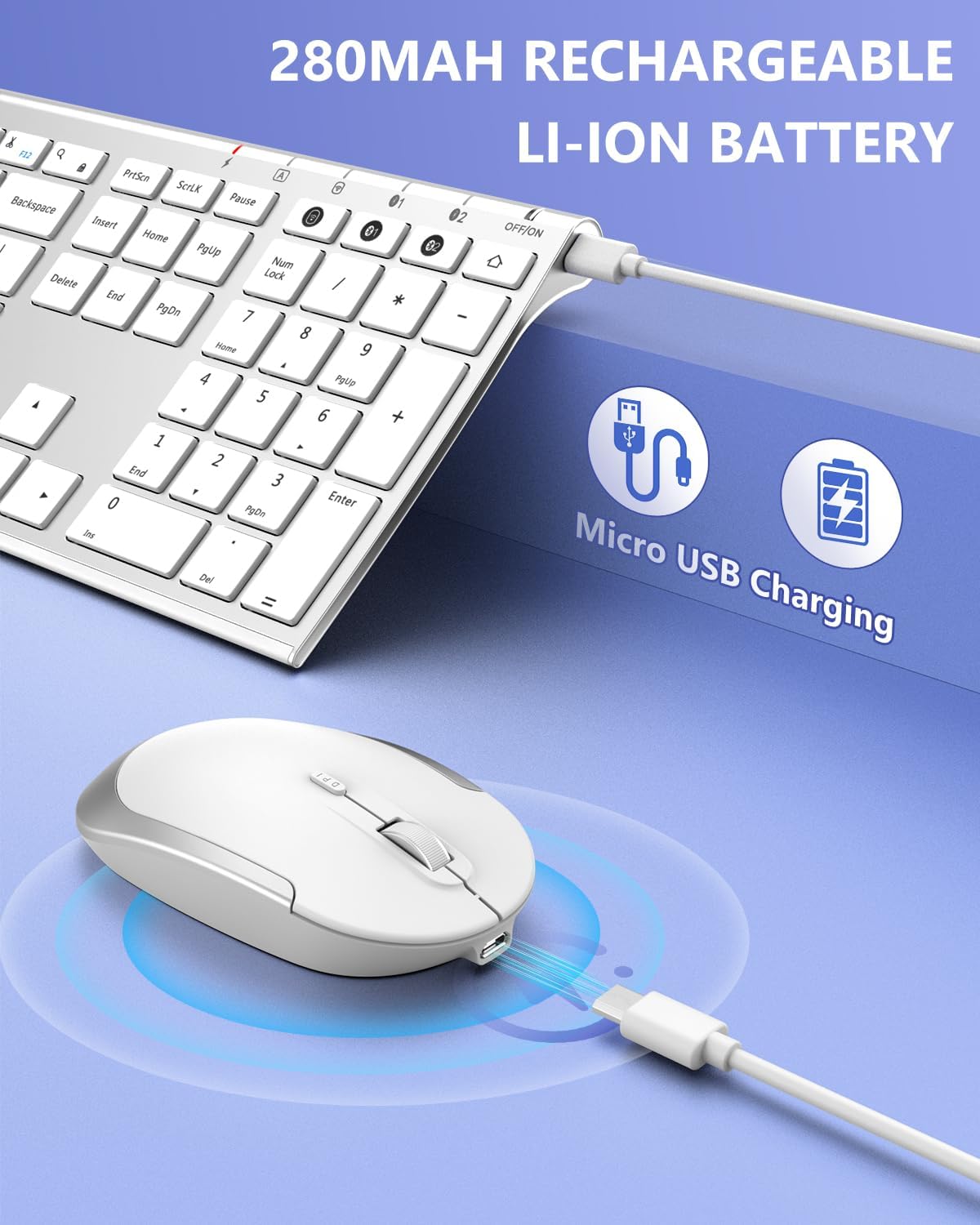 Bluetooth Keyboard Mouse, Multi-Device Wireless Keyboard and Mouse Combo, Dual-Mode(Bluetooth + USB), Ultra Slim, Rechargeable, for Windows/Mac OS (White and Silver)