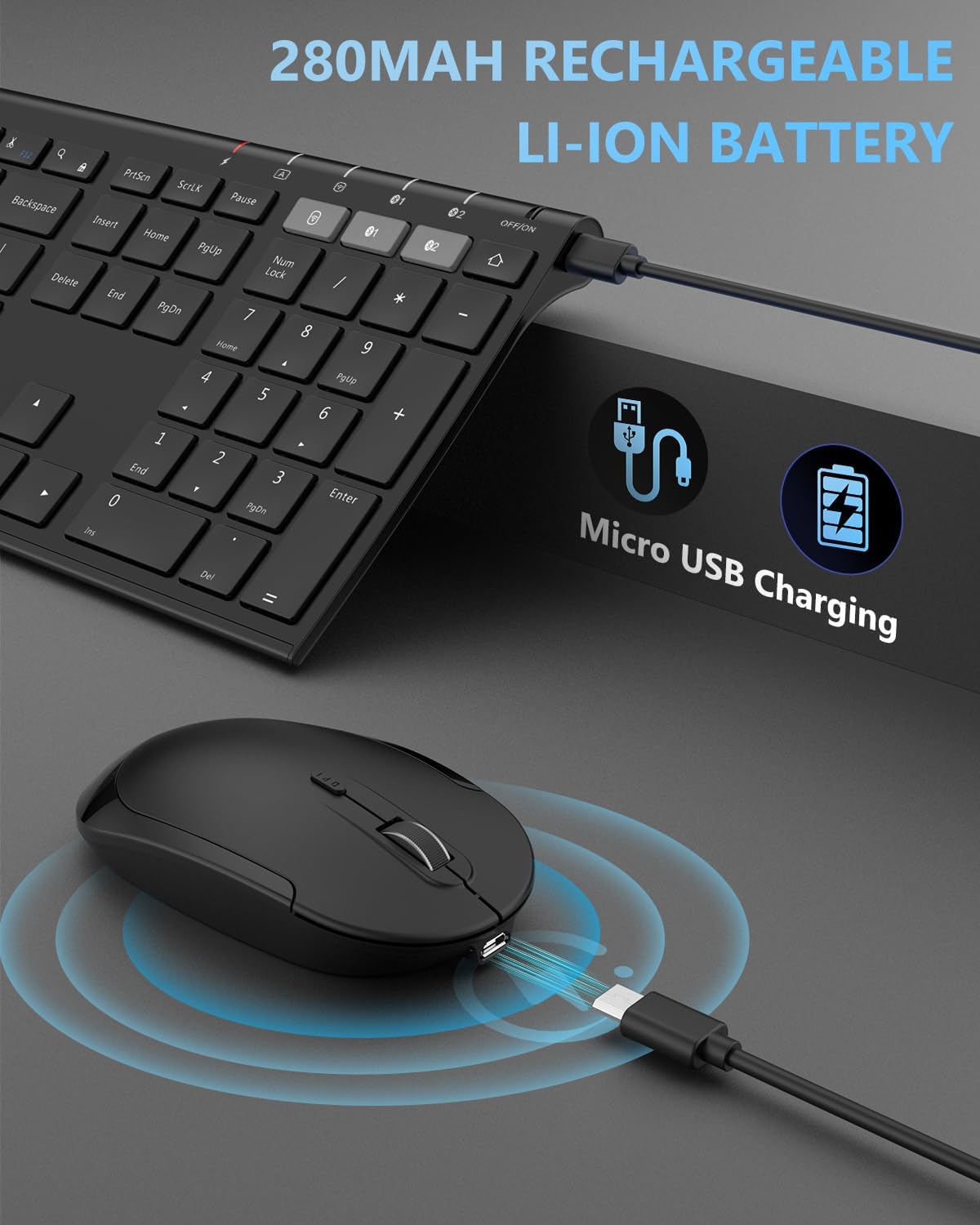 Bluetooth Keyboard Mouse, Multi-Device Wireless Keyboard and Mouse Combo, Dual-Mode(Bluetooth + Bluetooth + USB), Ultra Slim, Rechargeable, for Windows/Mac OS (Black)