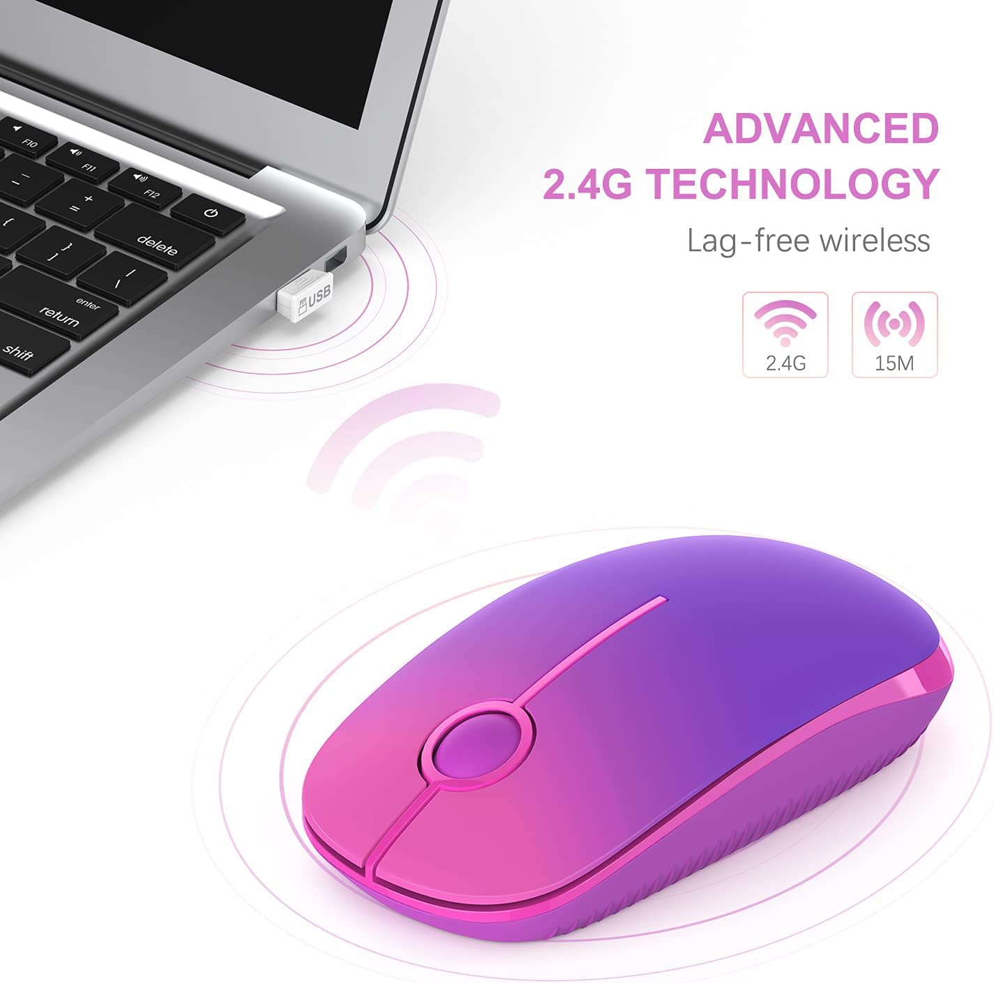 Vssoplor Wireless Mouse, 2.4G Slim Portable Computer Mouse with Nano Receiver Quiet Silent Optical Laptop Mouse for Notebook, PC, Laptop, Computer-Gradient Purple