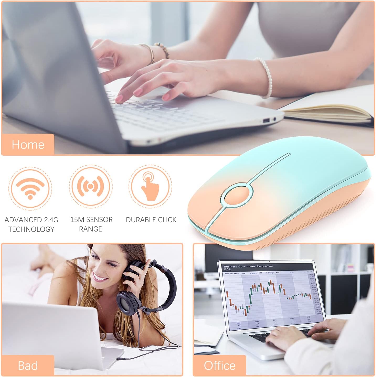 VssoPlor Wireless Mouse, 2.4G Slim Portable Computer Mice with Nano Receiver for Notebook, PC, Laptop, Computer (Orange to Green)