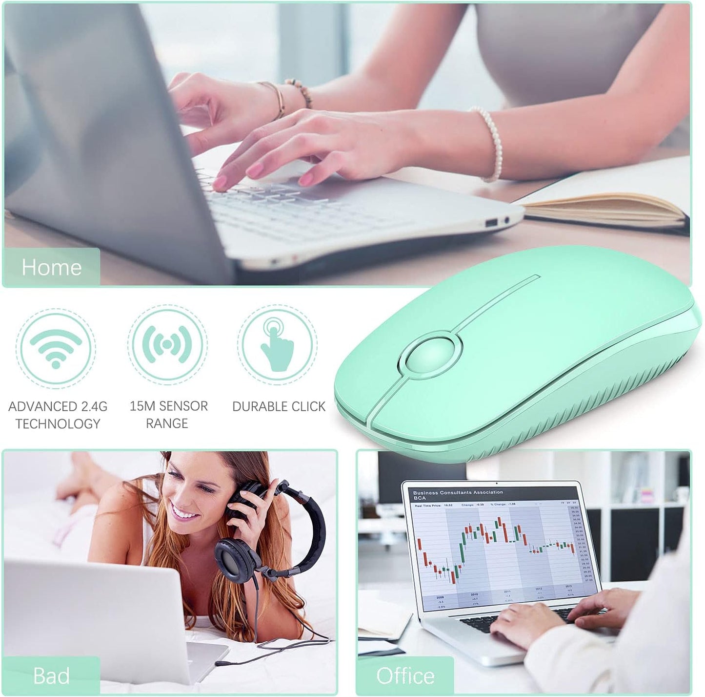 Vssoplor Wireless Mouse, 2.4G Slim Portable Computer Mouse with Nano Receiver Quiet Silent Optical Laptop Mouse for Notebook, PC, Laptop, Computer-Mint Green to Purple
