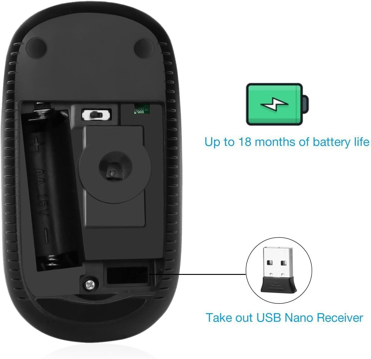 Vssoplor Wireless Mouse, 2.4G Slim Portable Computer Mice with Nano Receiver Quiet Silent Optical Laptop Mouse for Notebook, PC, Laptop, Computer-Black and Gray