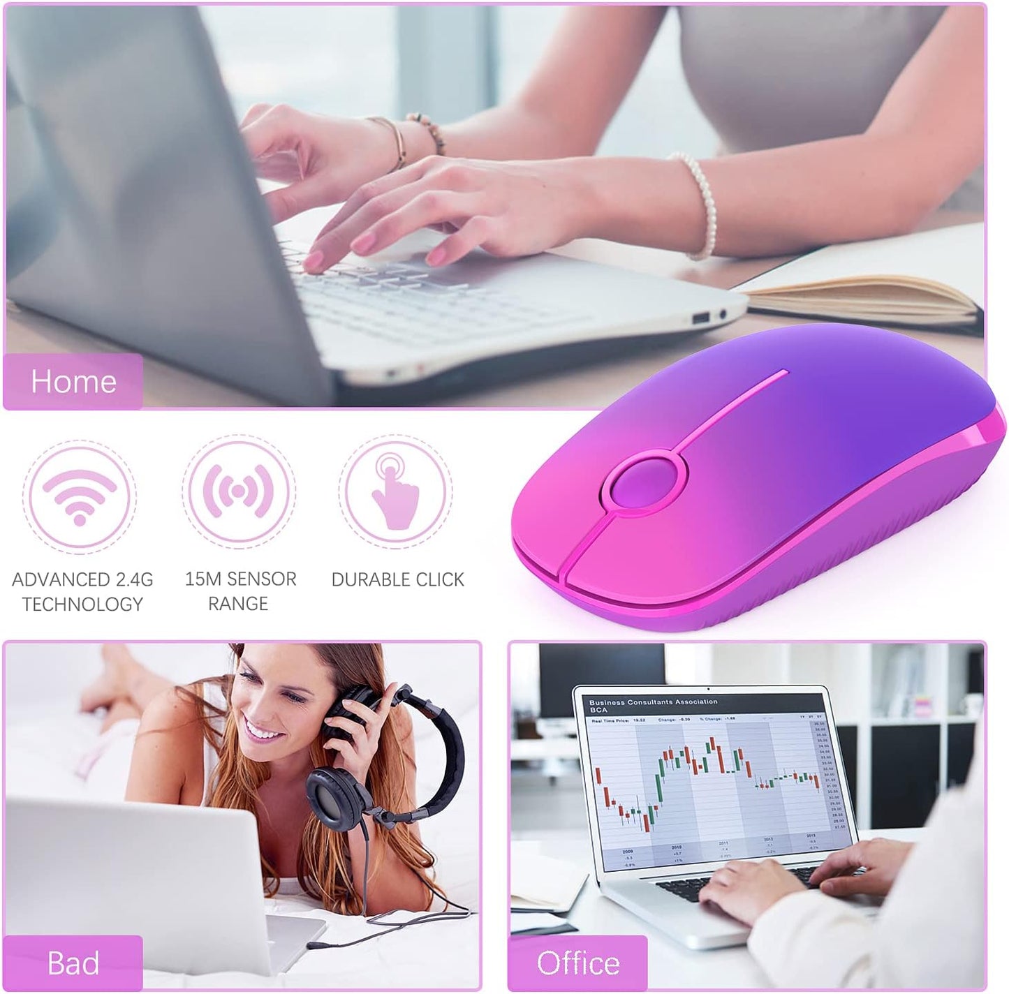 Vssoplor Wireless Mouse, 2.4G Slim Portable Computer Mouse with Nano Receiver Quiet Silent Optical Laptop Mouse for Notebook, PC, Laptop, Computer-Gradient Purple