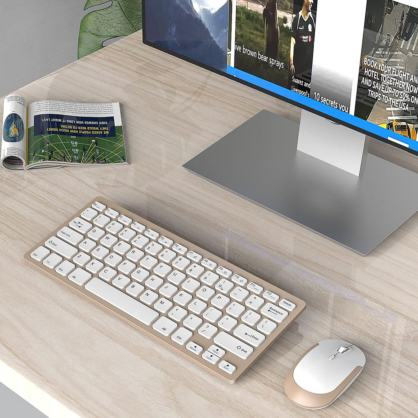 Compact Wireless Keyboard Mouse, 2.4GHz Ultra Thin Small Wireless Keyboard Mouse Combo for Desktop, Laptop (Gold)
