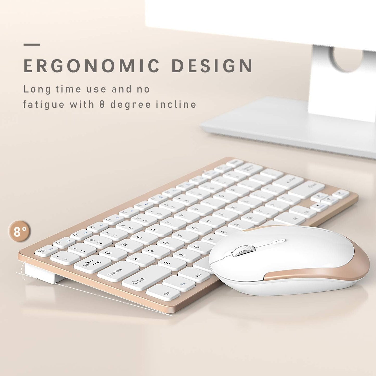 Compact Wireless Keyboard Mouse, 2.4GHz Ultra Thin Small Wireless Keyboard Mouse Combo for Desktop, Laptop (Gold)