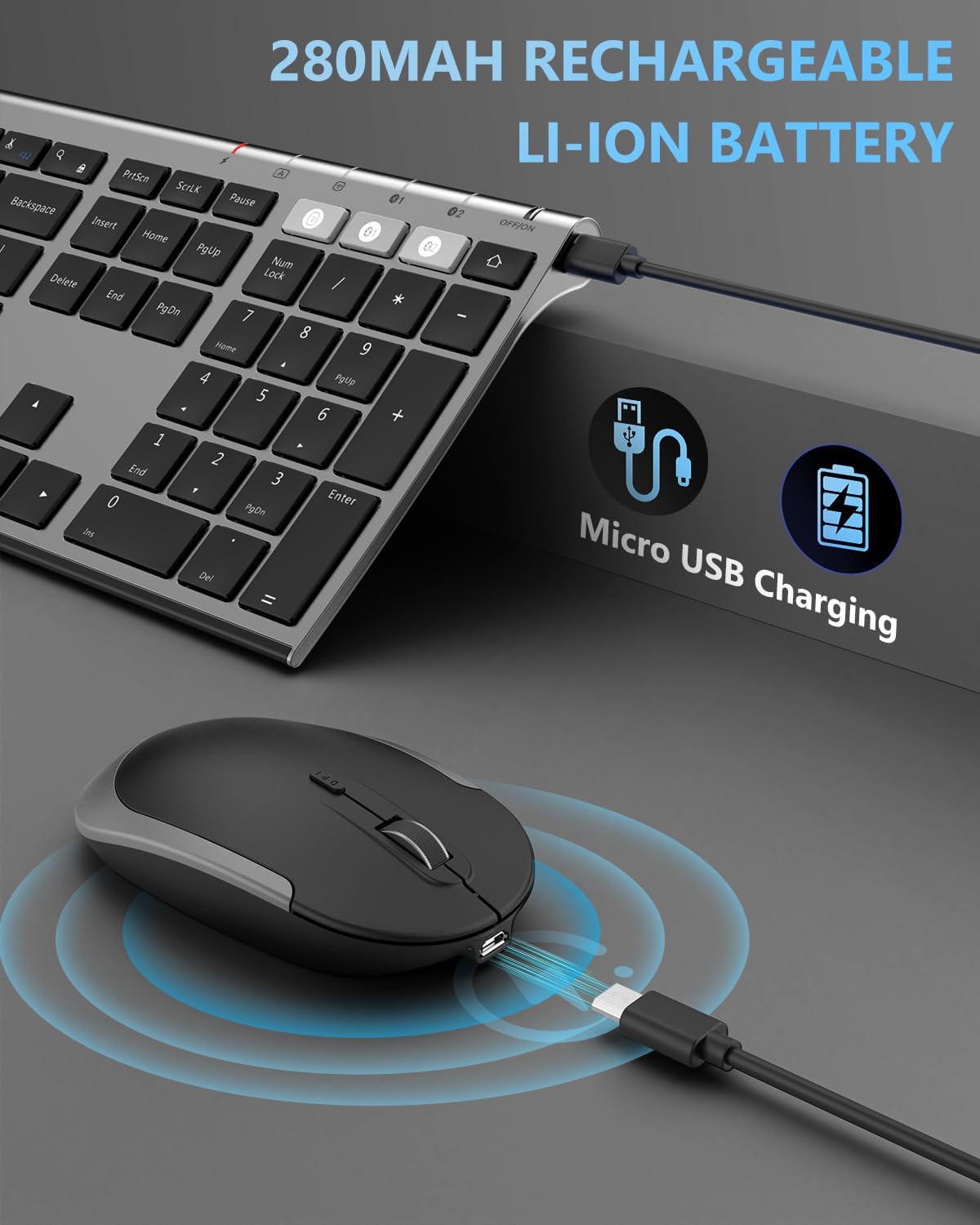 Bluetooth Keyboard Mouse, Multi-Device Wireless Keyboard and Mouse Combo, Dual-Mode(Bluetooth + Bluetooth + USB), Ultra Slim, Rechargeable, for Windows/Mac OS (Space Gray)