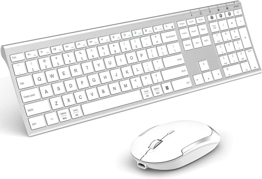 Bluetooth Keyboard Mouse, Multi-Device Wireless Keyboard and Mouse Combo, Dual-Mode(Bluetooth + USB), Ultra Slim, Rechargeable, for Windows/Mac OS (White and Silver)