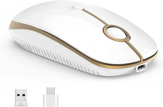 VssoPlor Type C Wireless Mouse, USB C Mouse Dual Mode 2.4G Cordless Mice with USB and Type C Receiver Compatible with PC, Laptop, MacBook and All Type C Devices-White and Gold