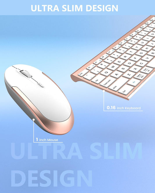 Bluetooth Keyboard Mouse, Multi-Device Wireless Keyboard and Mouse Combo, Dual-Mode(Bluetooth + Bluetooth + USB), Ultra Slim, Rechargeable, for Windows/Mac OS (Rose Gold)